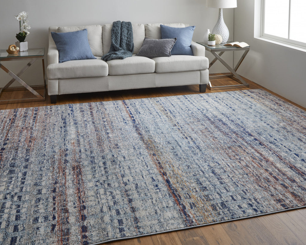 3' X 5' Blue Ivory And Orange Abstract Power Loom Stain Resistant Area Rug