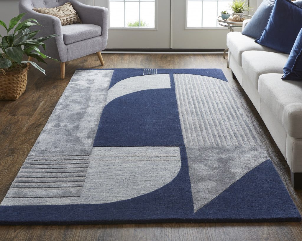 8' X 10' Blue And Silver Wool Geometric Tufted Handmade Area Rug