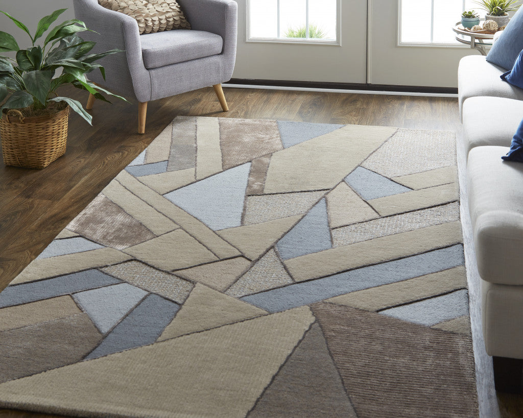 5' X 8' Tan Brown And Blue Wool Geometric Tufted Handmade Area Rug