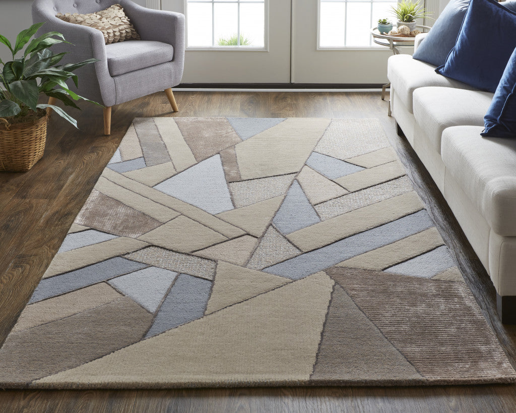 5' X 8' Tan Brown And Blue Wool Geometric Tufted Handmade Area Rug