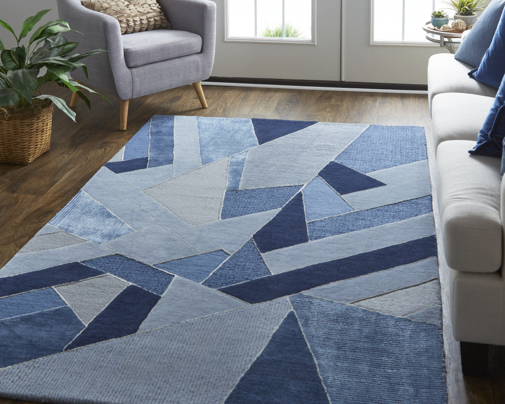 5' X 8' Tan Brown And Blue Wool Geometric Tufted Handmade Area Rug