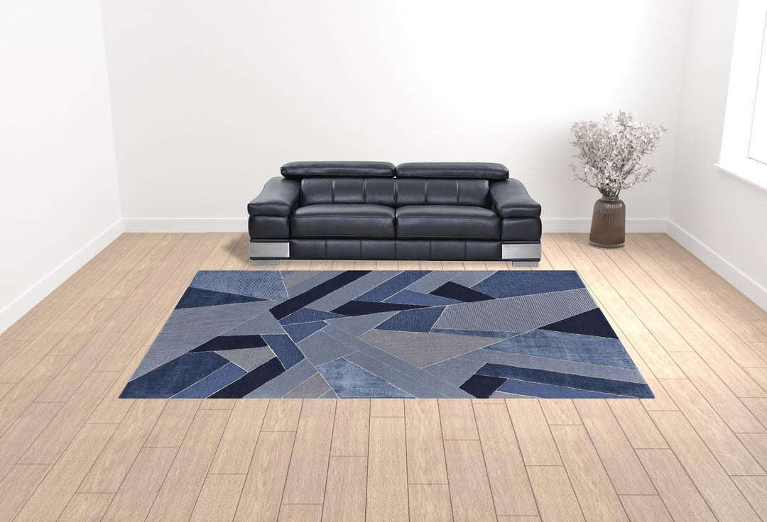 5' X 8' Tan Brown And Blue Wool Geometric Tufted Handmade Area Rug