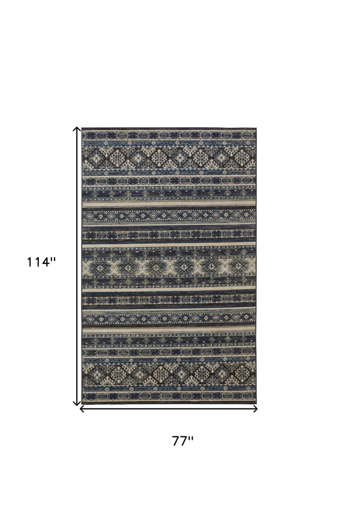 5' X 8' Blue Tan And Black Geometric Power Loom Distressed Stain Resistant Area Rug