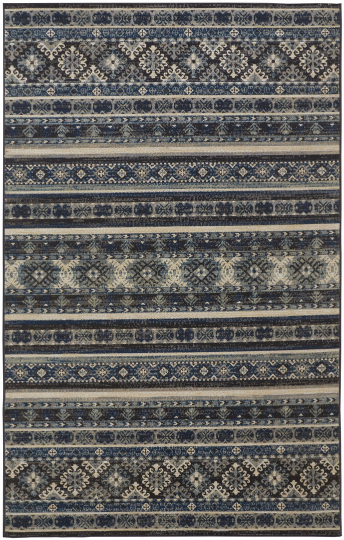 5' X 8' Blue Tan And Black Geometric Power Loom Distressed Stain Resistant Area Rug