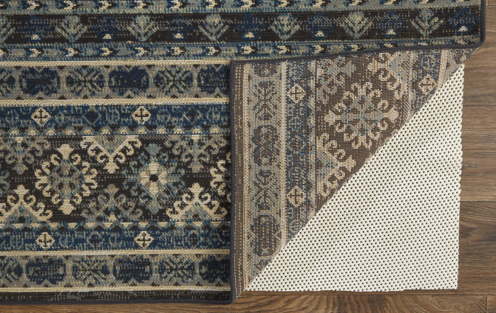 5' X 8' Blue Tan And Black Geometric Power Loom Distressed Stain Resistant Area Rug