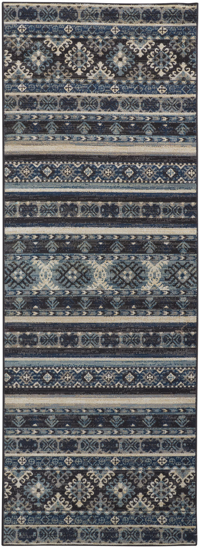 5' X 8' Blue Tan And Black Geometric Power Loom Distressed Stain Resistant Area Rug