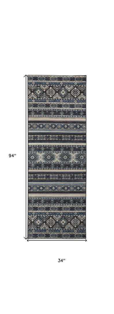 5' X 8' Blue Tan And Black Geometric Power Loom Distressed Stain Resistant Area Rug