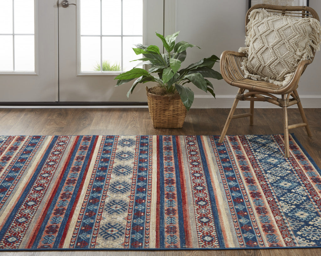 5' X 8' Blue Tan And Black Geometric Power Loom Distressed Stain Resistant Area Rug