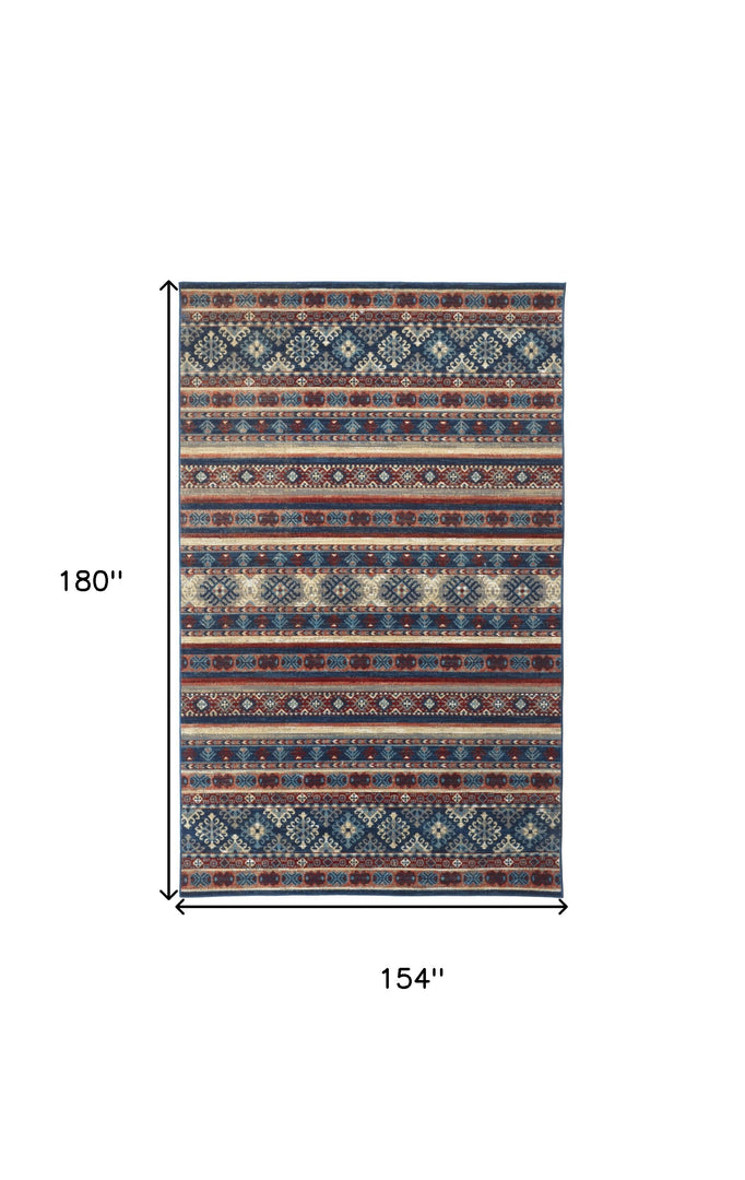 5' X 8' Blue Tan And Black Geometric Power Loom Distressed Stain Resistant Area Rug