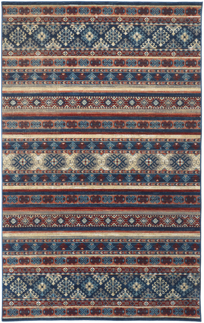 5' X 8' Blue Tan And Black Geometric Power Loom Distressed Stain Resistant Area Rug