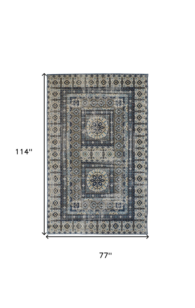 5' X 8' Ivory Tan And Blue Abstract Power Loom Distressed Stain Resistant Area Rug