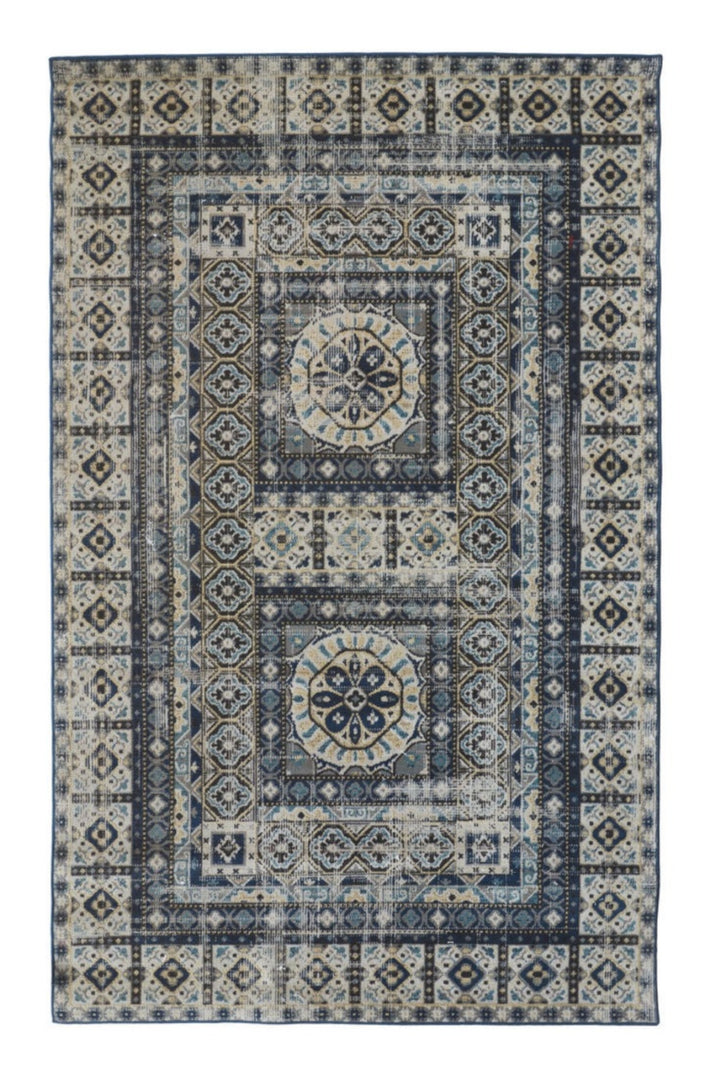 5' X 8' Ivory Tan And Blue Abstract Power Loom Distressed Stain Resistant Area Rug