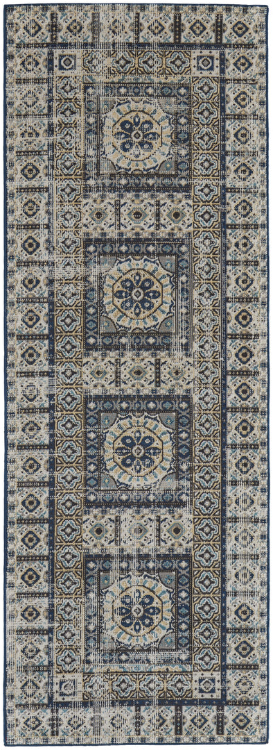 5' X 8' Ivory Tan And Blue Abstract Power Loom Distressed Stain Resistant Area Rug