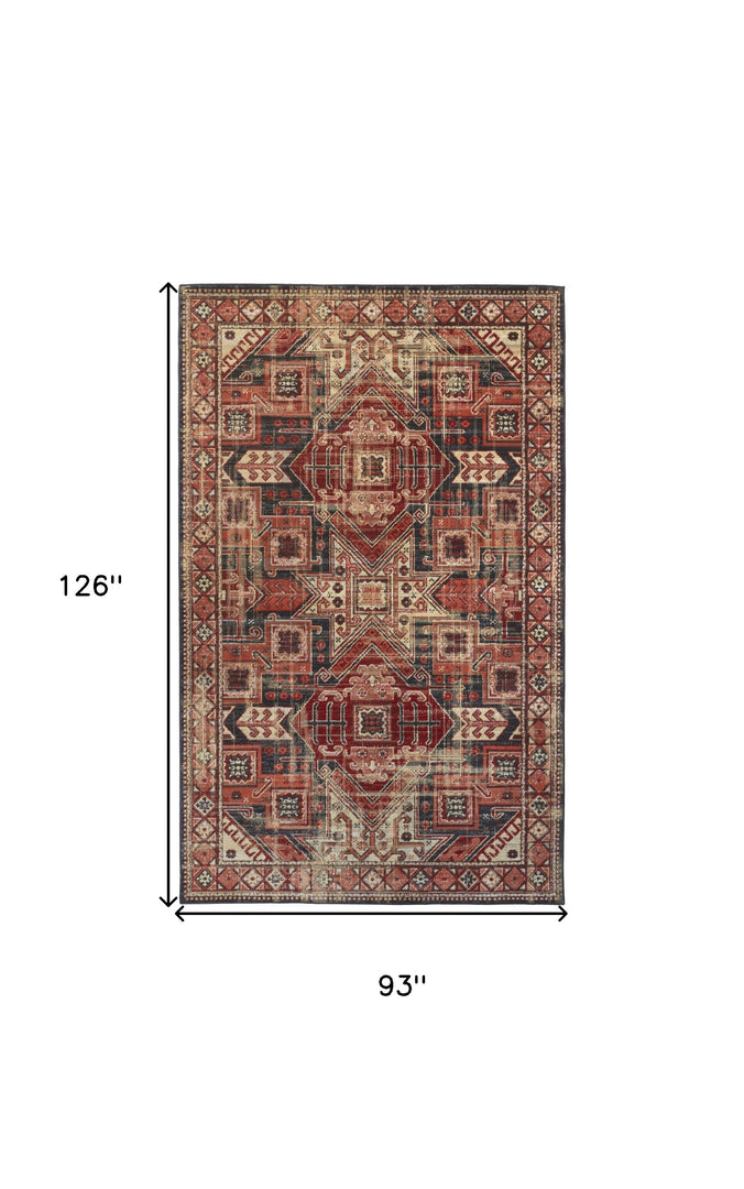 8' X 11' Red Tan And Black Abstract Power Loom Distressed Stain Resistant Area Rug