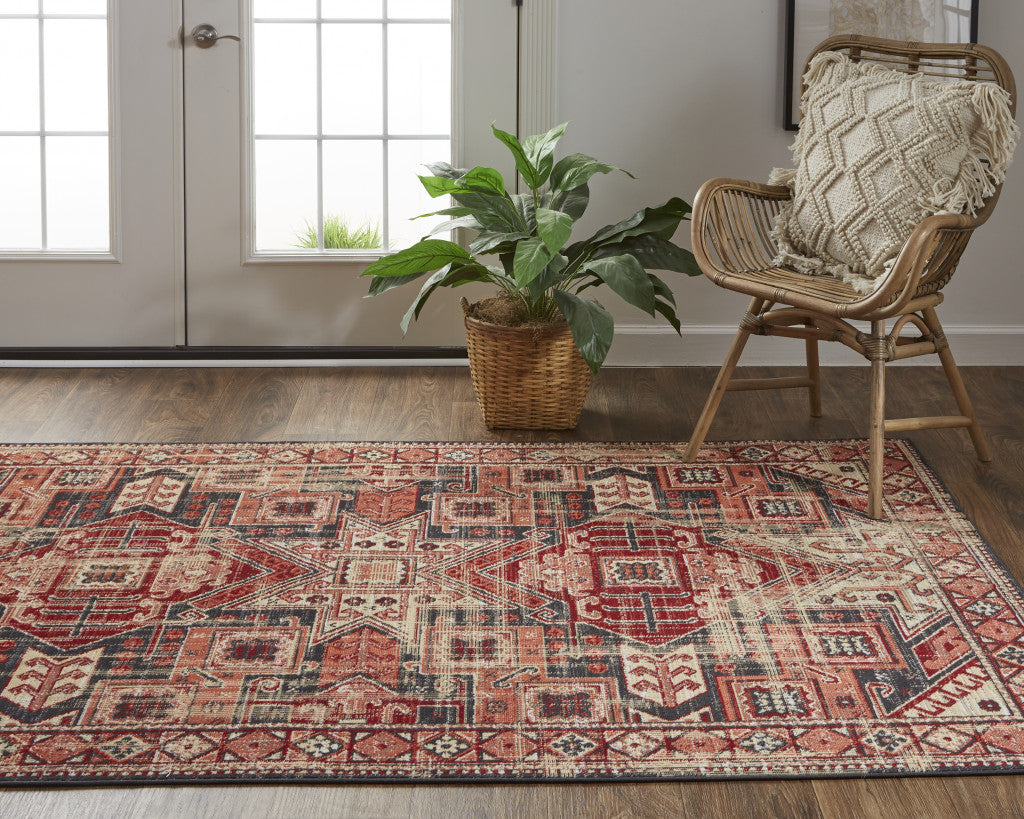 8' X 11' Red Tan And Black Abstract Power Loom Distressed Stain Resistant Area Rug