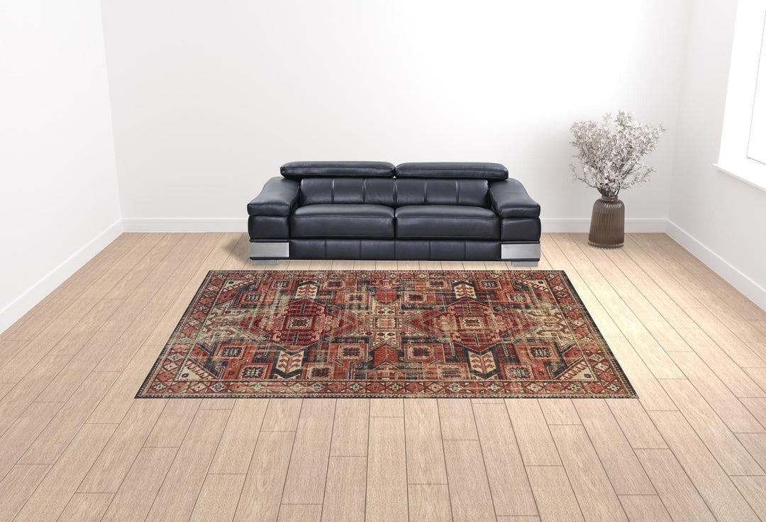 8' X 11' Red Tan And Black Abstract Power Loom Distressed Stain Resistant Area Rug