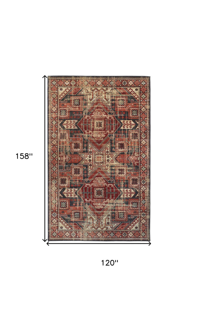 8' X 11' Red Tan And Black Abstract Power Loom Distressed Stain Resistant Area Rug