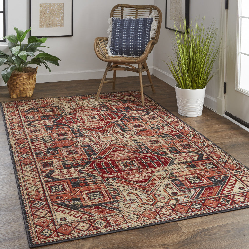 8' X 11' Red Tan And Black Abstract Power Loom Distressed Stain Resistant Area Rug