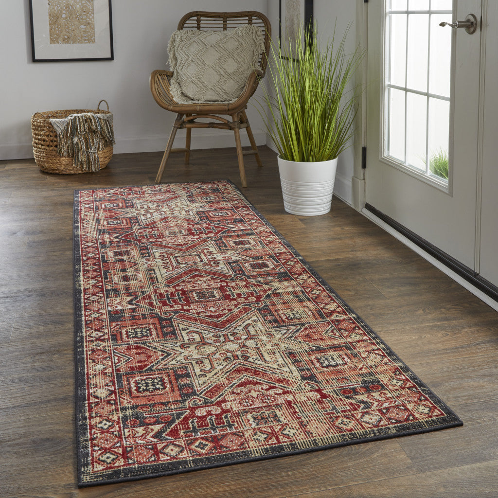 8' X 11' Red Tan And Black Abstract Power Loom Distressed Stain Resistant Area Rug