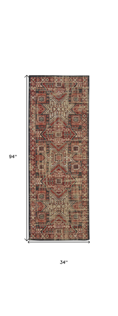 8' X 11' Red Tan And Black Abstract Power Loom Distressed Stain Resistant Area Rug