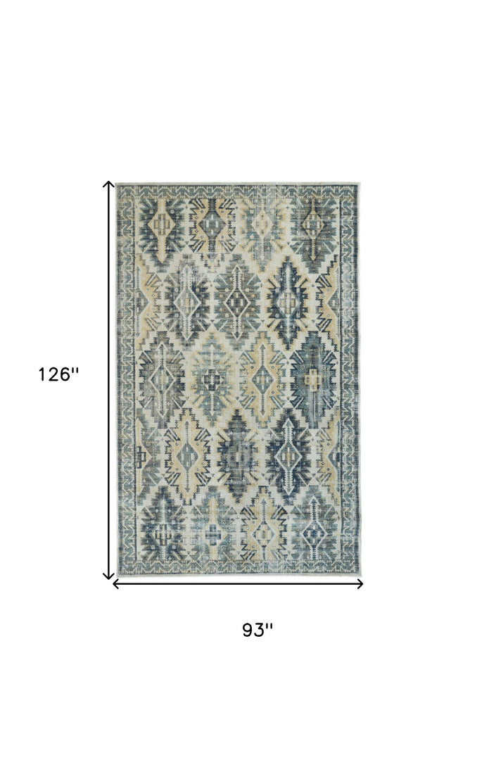 8' X 11' Green Blue And Ivory Abstract Power Loom Distressed Stain Resistant Area Rug