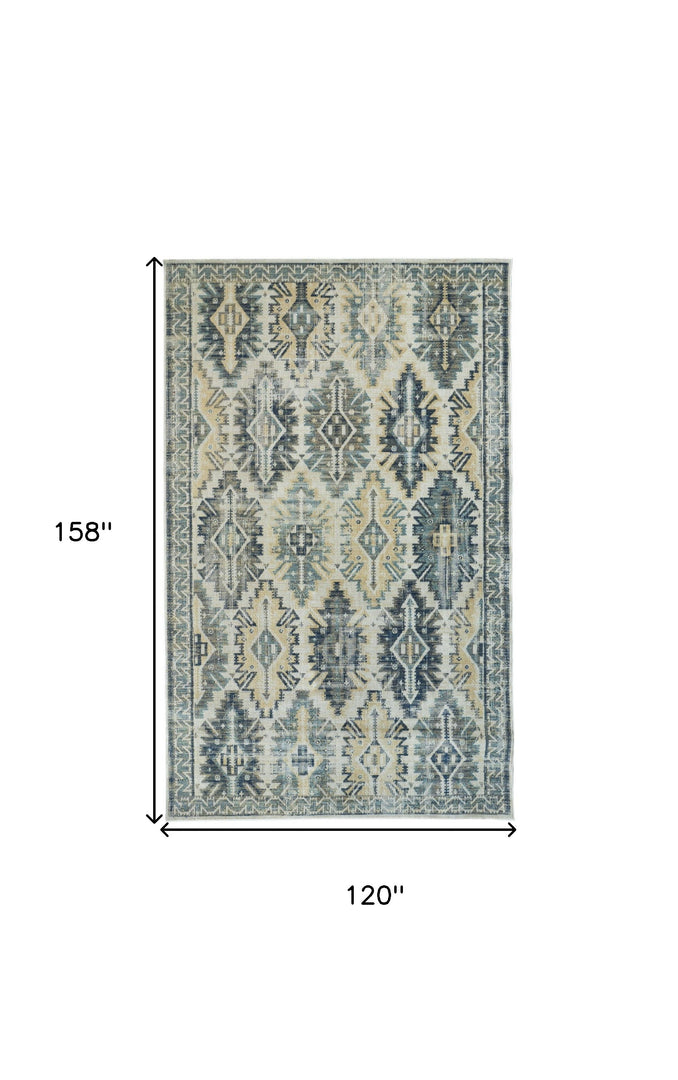 8' X 11' Green Blue And Ivory Abstract Power Loom Distressed Stain Resistant Area Rug