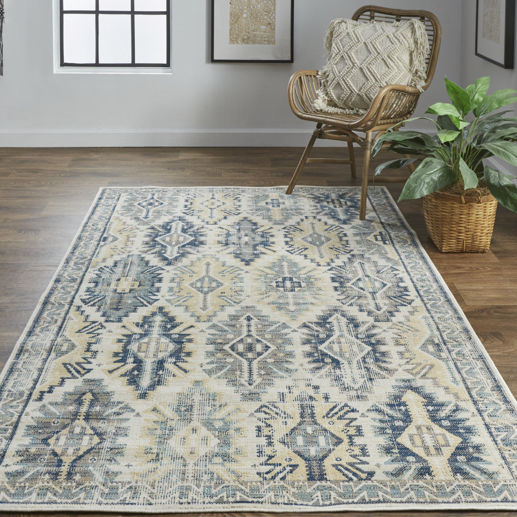 8' X 11' Green Blue And Ivory Abstract Power Loom Distressed Stain Resistant Area Rug