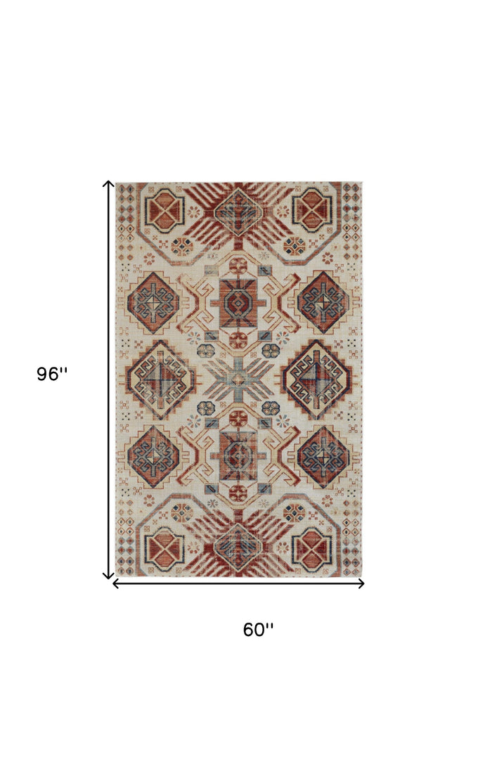 5' X 8' Ivory Red And Tan Abstract Power Loom Distressed Stain Resistant Area Rug