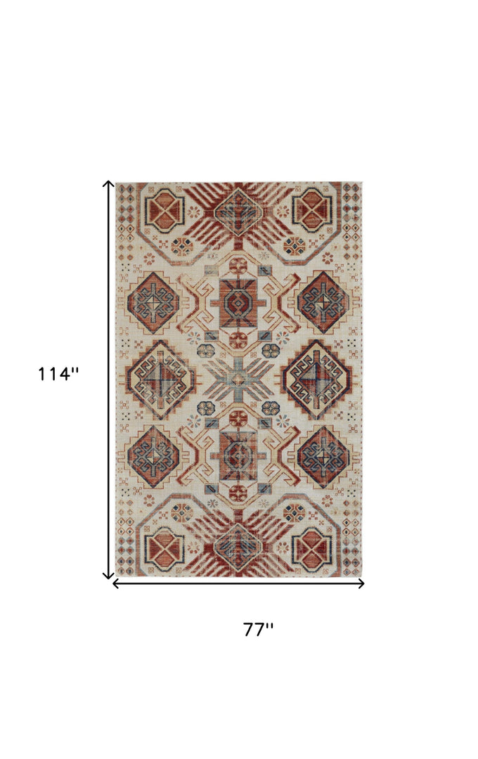 5' X 8' Ivory Red And Tan Abstract Power Loom Distressed Stain Resistant Area Rug