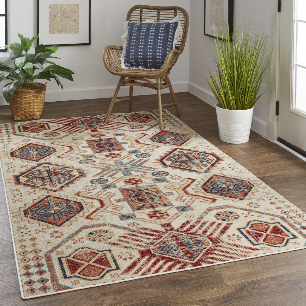 5' X 8' Ivory Red And Tan Abstract Power Loom Distressed Stain Resistant Area Rug