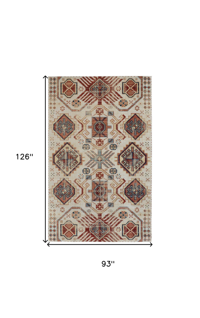 5' X 8' Ivory Red And Tan Abstract Power Loom Distressed Stain Resistant Area Rug