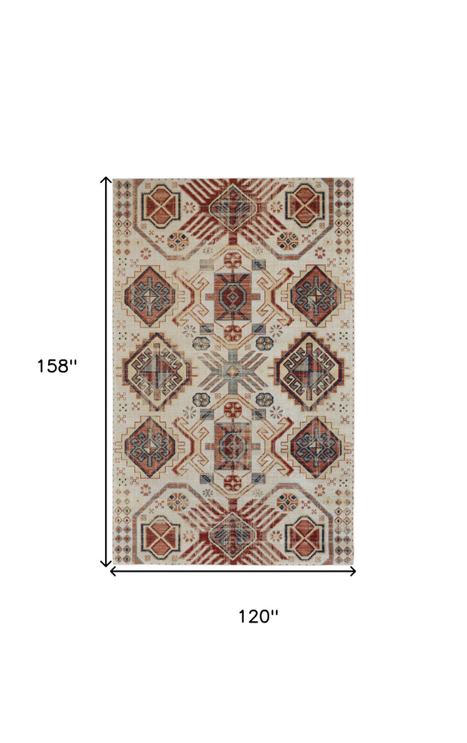 5' X 8' Ivory Red And Tan Abstract Power Loom Distressed Stain Resistant Area Rug