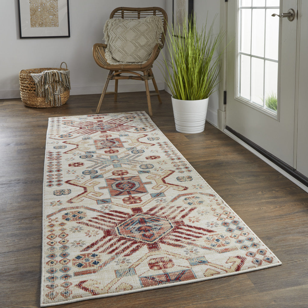 5' X 8' Ivory Red And Tan Abstract Power Loom Distressed Stain Resistant Area Rug