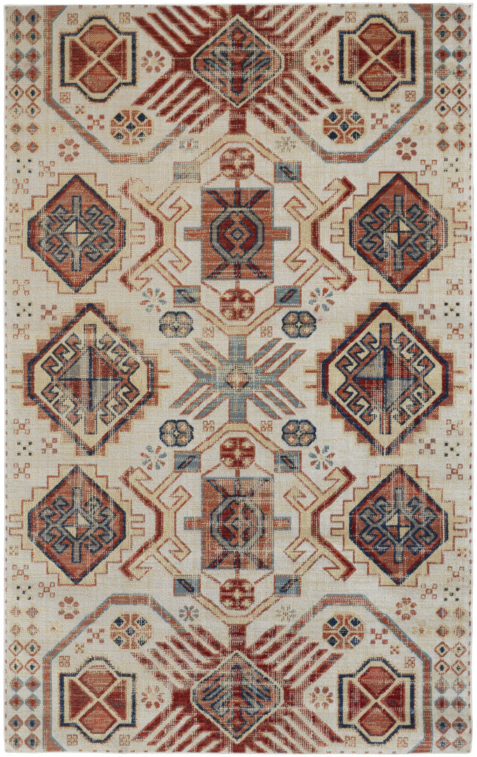 5' X 8' Ivory Red And Tan Abstract Power Loom Distressed Stain Resistant Area Rug