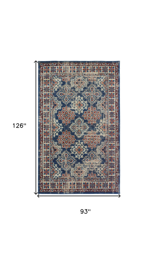 5' X 8' Blue Red And Ivory Abstract Power Loom Distressed Stain Resistant Area Rug