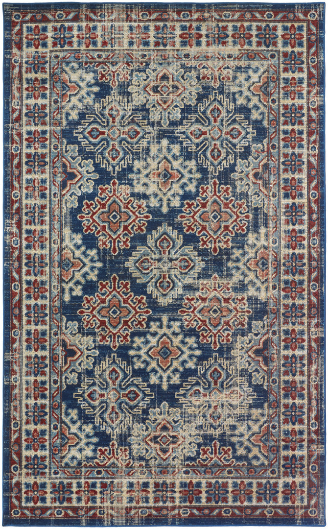 5' X 8' Blue Red And Ivory Abstract Power Loom Distressed Stain Resistant Area Rug