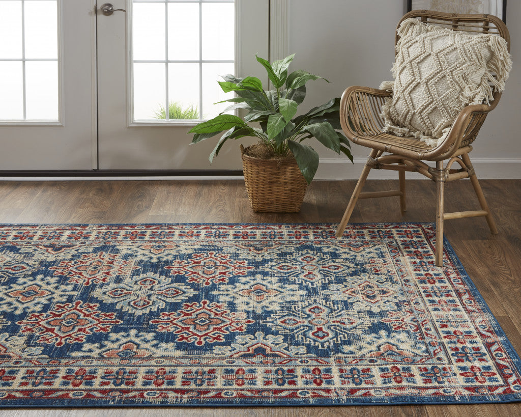 5' X 8' Blue Red And Ivory Abstract Power Loom Distressed Stain Resistant Area Rug