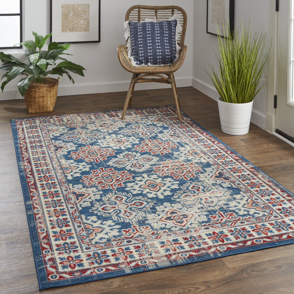 5' X 8' Blue Red And Ivory Abstract Power Loom Distressed Stain Resistant Area Rug