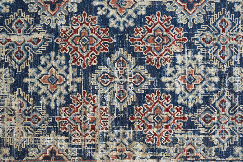 5' X 8' Blue Red And Ivory Abstract Power Loom Distressed Stain Resistant Area Rug