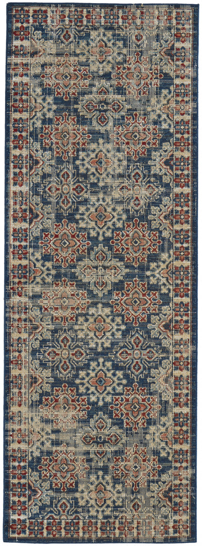 5' X 8' Blue Red And Ivory Abstract Power Loom Distressed Stain Resistant Area Rug