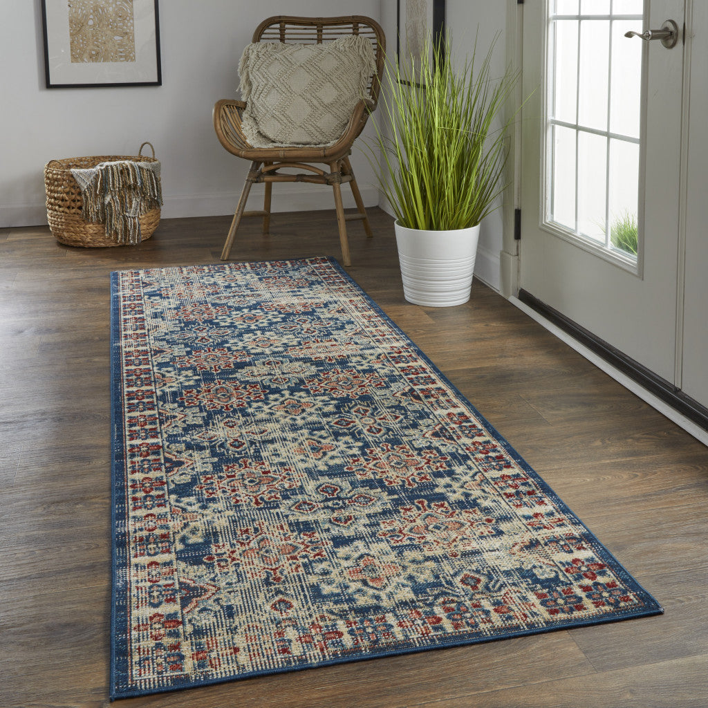 5' X 8' Blue Red And Ivory Abstract Power Loom Distressed Stain Resistant Area Rug