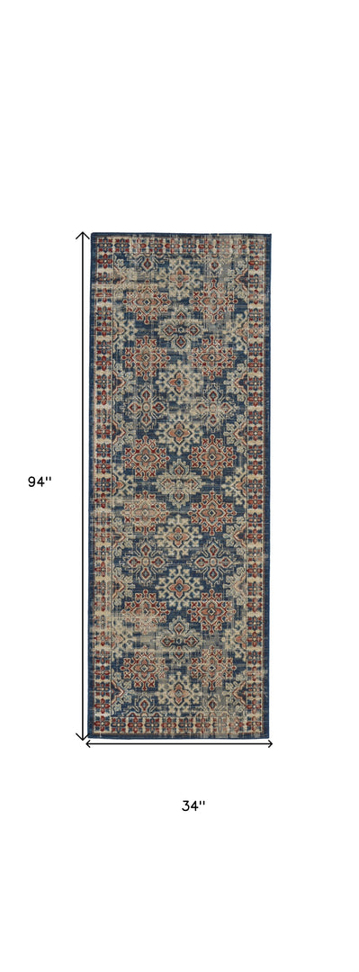 5' X 8' Blue Red And Ivory Abstract Power Loom Distressed Stain Resistant Area Rug