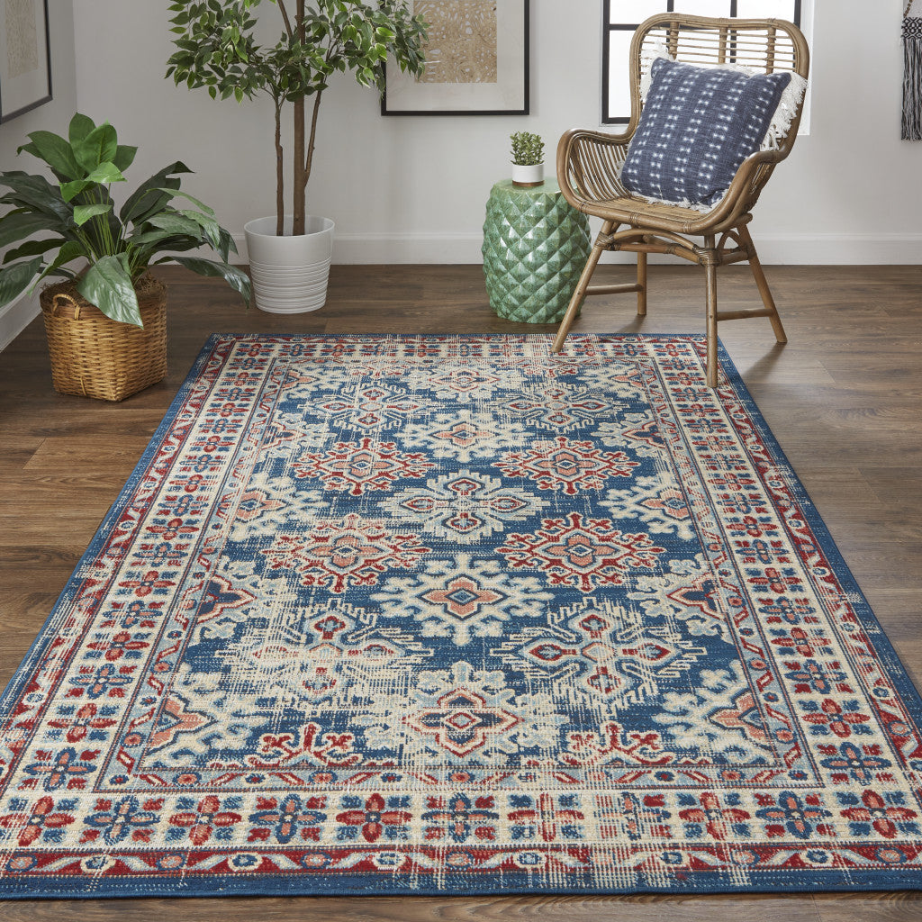 5' X 8' Blue Red And Ivory Abstract Power Loom Distressed Stain Resistant Area Rug