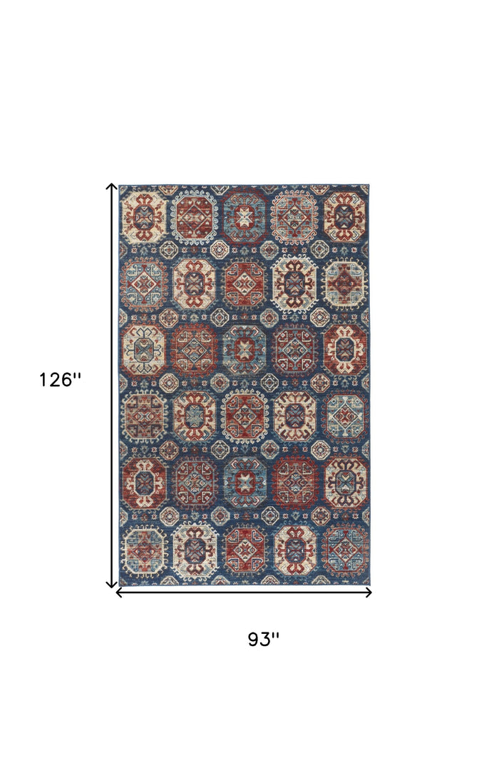 7' X 10' Blue Red And Tan Abstract Power Loom Distressed Stain Resistant Area Rug