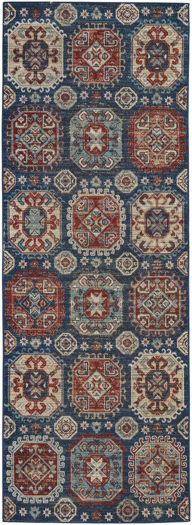 7' X 10' Blue Red And Tan Abstract Power Loom Distressed Stain Resistant Area Rug