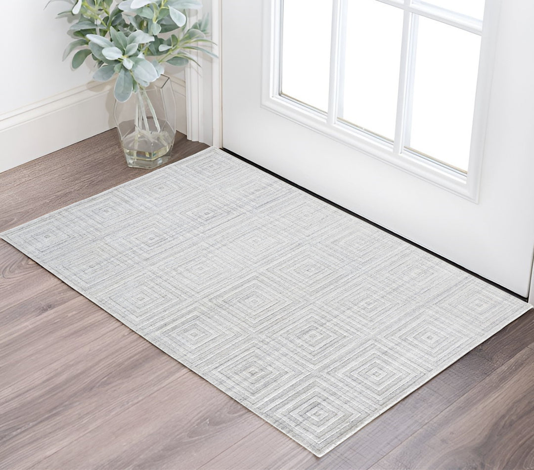 10' X 14' White And Silver Striped Hand Woven Area Rug