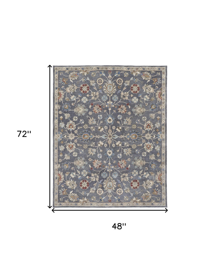 4' X 6' Gray Ivory And Red Wool Floral Tufted Handmade Stain Resistant Area Rug