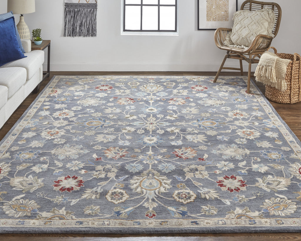 4' X 6' Gray Ivory And Red Wool Floral Tufted Handmade Stain Resistant Area Rug