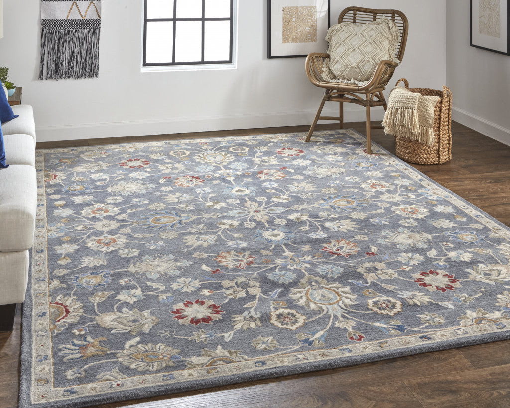 4' X 6' Gray Ivory And Red Wool Floral Tufted Handmade Stain Resistant Area Rug