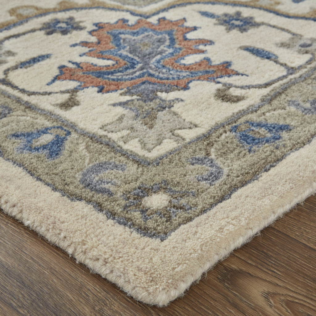 4' X 6' Ivory and Blue Wool Floral Hand Tufted Area Rug